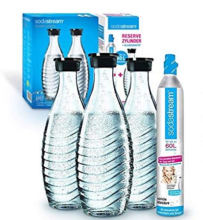 Soda Stream Reservepack Promopack Zylinder mit Glaskaraffen (1 x CO2-Zylinder für 60L und 3 x 0,6L Glaskaraffe, für Crystal und Penguin Wassersprudler, spülmaschinenfest)