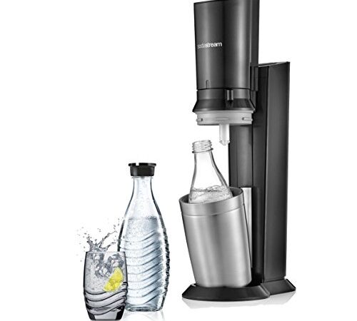 SodaStream Crystal 2.0, mit spülmaschinenfester Glasflasche für Ihr Sodawasser inkl. 1 Zylinder und 1 Glaskaraffe 0,6l Farbe: Titan/Silber, Gebürsteter Stahl, 130 cm