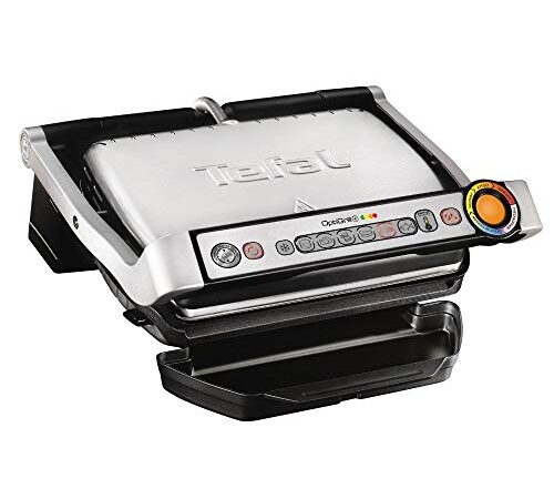 Tefal OptiGrill+ GC712D | intelligenter Kontaktgrill | 6 Grillprogramme | passt Temperatur + Grillzyklus ans Grillgut an | antihaftbeschichtete Platten, 30 cm x 20 cm, Schwarz / Edelstahl